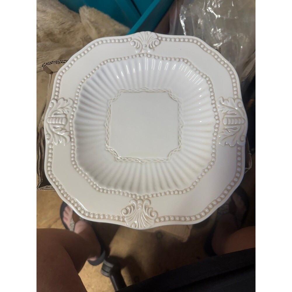 American Atelier Baroque White Stoneware Plate Set Embossed Bead & Shell Design - Picture 2 of 7